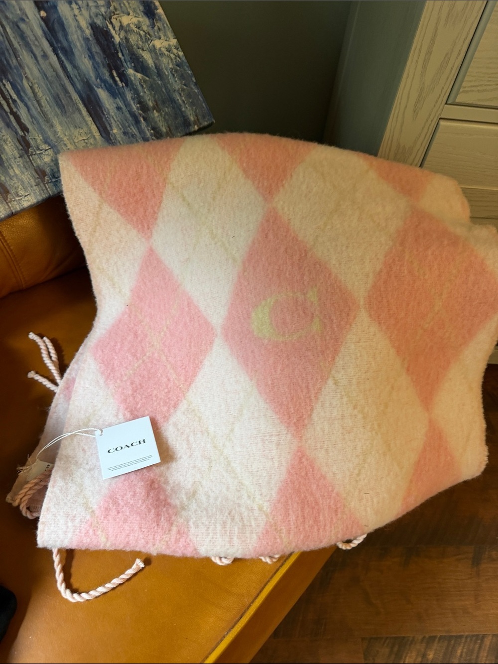 Coach Pink and Cream Argyle Diamond Throw with Subtle Logo